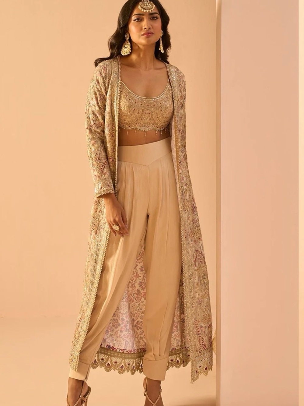 Lashkaraa Golden Beige Embroidered Crop Jacket Set